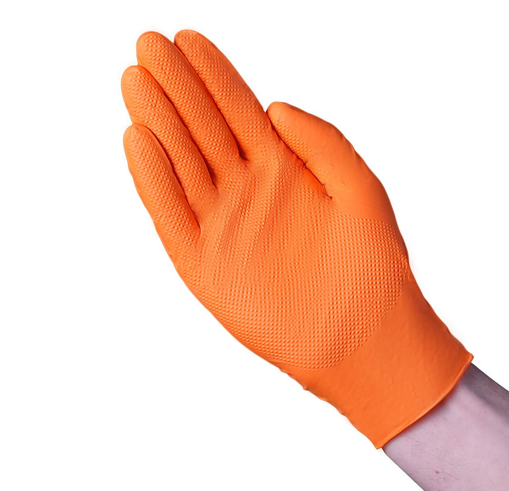 A1GA6 Hi-Vis Orange 8 mil Nitrile Diamond Textured Industrial Disposable Gloves