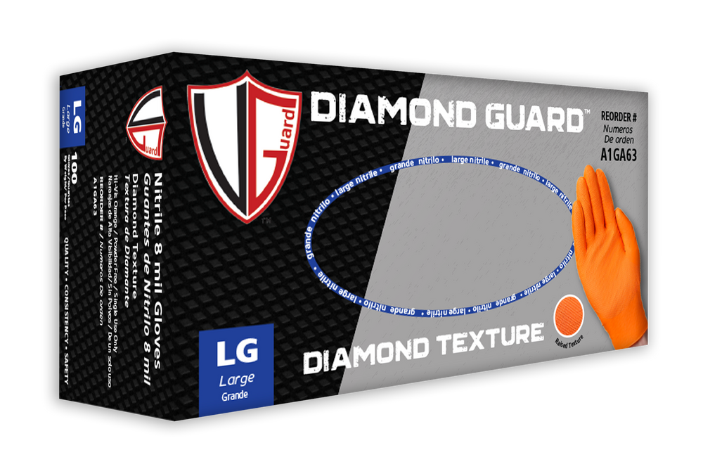 A1GA6 Hi-Vis Orange 8 mil Nitrile Diamond Textured Industrial Disposable Gloves